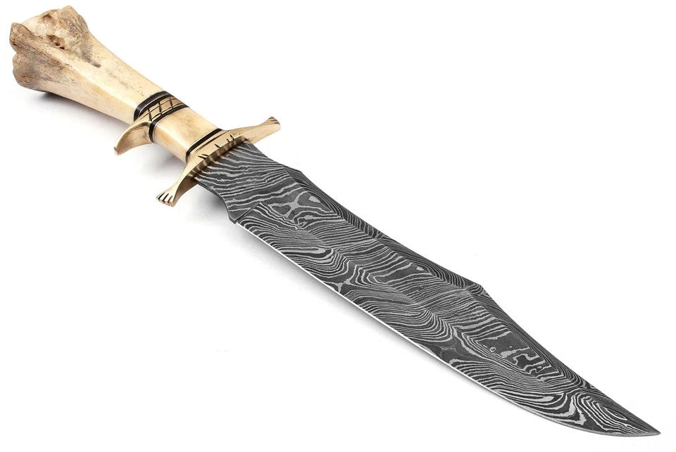 Custom Handmade Damascus Steel Bowie Hunting Knife Camel Bone Handle & Sheath