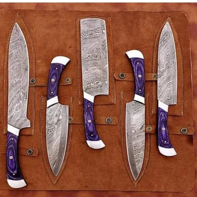 5 pc Damascus Custom Handmade BBQ/Kitchen/Chef knives block Set with PakaWood