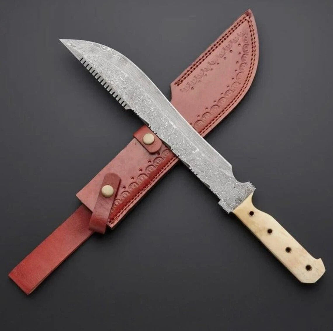 Custom Handmade Damascus Steel Blade Survival Machete Knife Bowie Hunting Knife