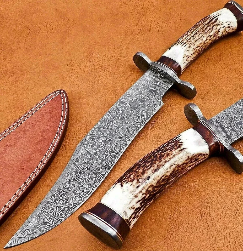 BEAUTIFUL CUSTOM HANDMADE DAMASCUS STEEL HUNTING BOWIE KNIFE HORN HANDLE