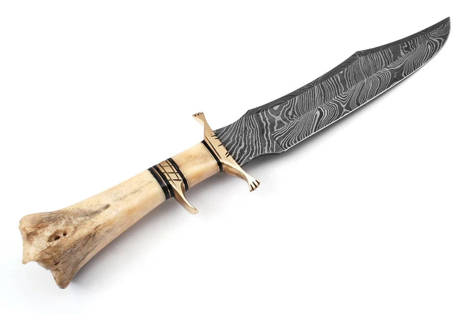 Custom Handmade Damascus Steel Bowie Hunting Knife Camel Bone Handle & Sheath