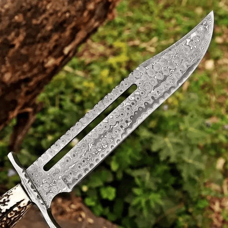 Hand Forged Damascus Hunting Bowie Knife Stag Antler Handle with Leather Sheath