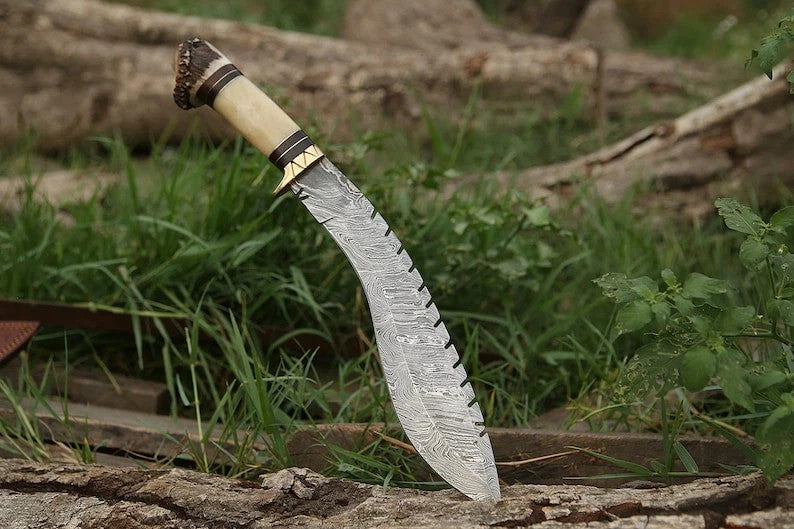 Custom Handmade Damascus Steel Blade Stag Antler Kukri Knife | Hunting Knife EDC