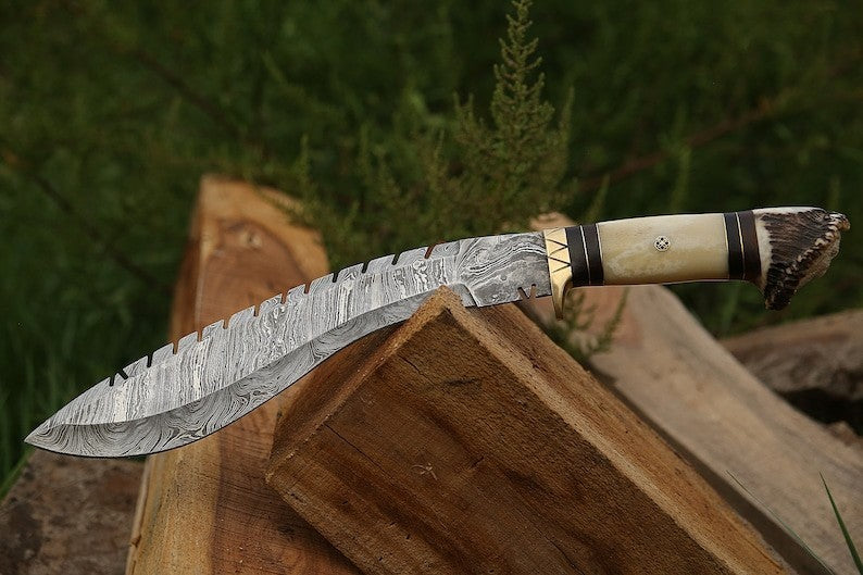 Custom Handmade Damascus Steel Blade Stag Antler Kukri Knife | Hunting Knife
