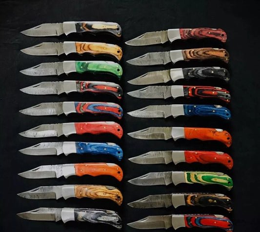 LOT of 20 pcs Damascus Steel Hunting Camp Folding knife, Pocket Knives W/Sheath