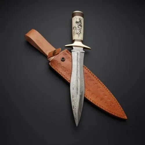 Premium Hand Forged Damascus Steel Dagger Knife with Bone Handle - Hunting Knife