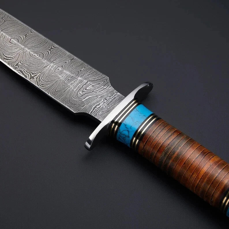 Hand Forged Damascus Steel Hunting Medieval Camping Dagger Knife Stacked Leather