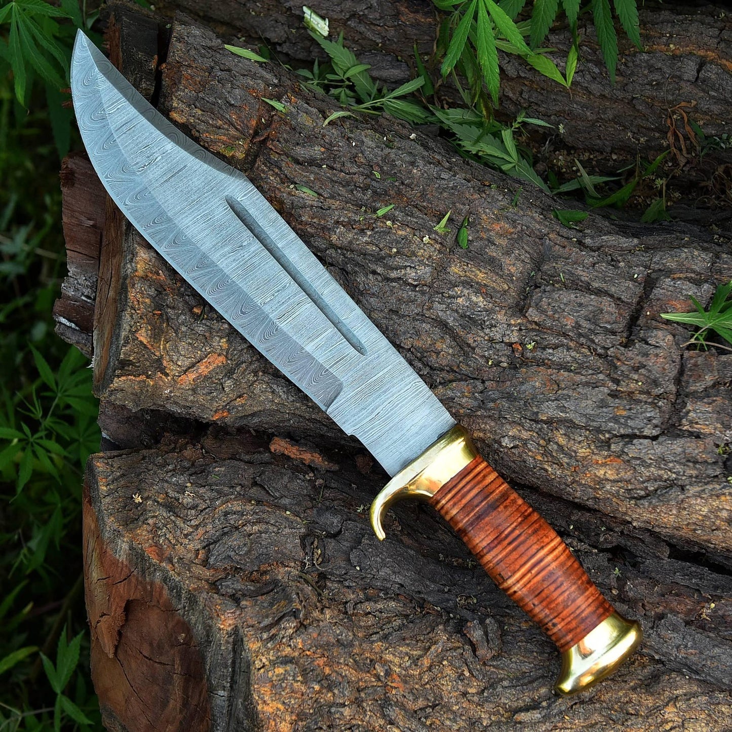 Handmade Damascus Bowie Knife Hunting Fixed Blade with Leather Sheath